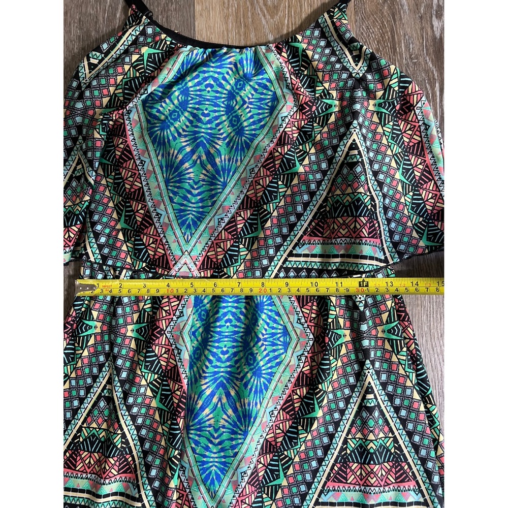 Baily Blue Geometric Tribal‎ Print Popover Maxi Dress Small Blue Pink Green Boho - Picture 2 of 5